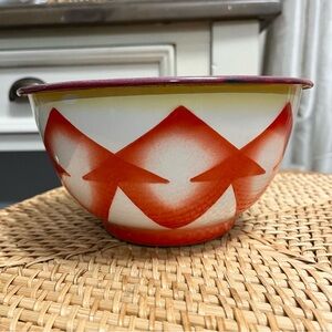 Vintage Enamelware Bowl Bon Voyage White Red Art Deco Yellow Rare Geometric vtg